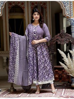Doriyaan - Women's Purple Floral Anarkali Kurta with Pant and Dupatta (Set of 3)
