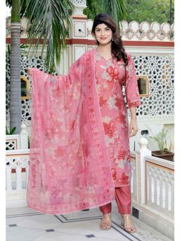 Doriyaan - Women's Red Floral Kurta with Pant and Dupatta (Set of 3)