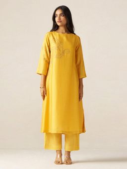 Ganga Fashions - Women's Yellow Embroidered Kurta with Palazzo (Set of 2)