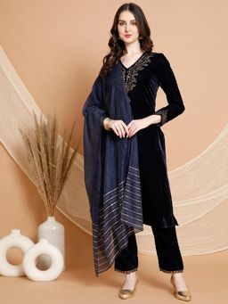 Nayam by lakshita - Women's Navy Blue Embroidered Kurta with Pant and Dupatta (Set of 3)