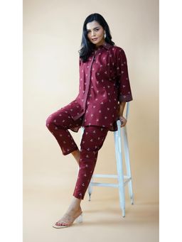 Akiso - Women's Maroon Woven Shirt with Pant (Set of 2)