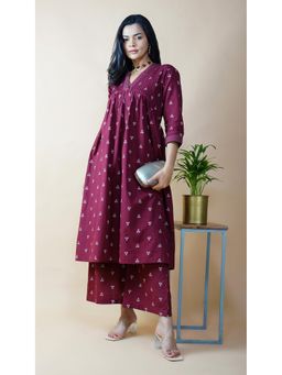 Akiso - Women's Maroon Woven Anarkali Kurta with Palazzo (Set of 2)