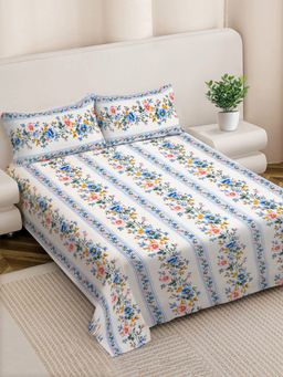 FABINALIV - Floral 300TC Cotton Blend Bedsheet With 2 Pillow Covers White King