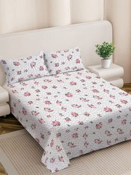 FABINALIV - Floral 300TC Cotton Blend Bedsheet With 2 Pillow Covers White King