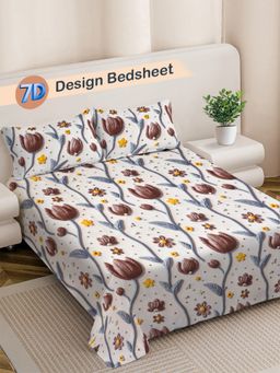 FABINALIV - Floral 300TC Cotton Blend 7D Bedsheet With 2 Pillow Covers Brown King