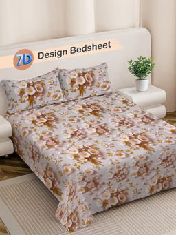 FABINALIV - Floral 300TC Cotton Blend 7D Bedsheet With 2 Pillow Covers Beige King