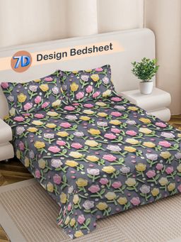 FABINALIV - Floral 300TC Cotton Blend 7D Bedsheet With 2 Pillow Covers Multicolor King