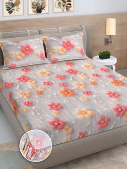 FABINALIV - Multicolor Floral 300TC Cotton Blend 7D Fitted Bedsheet With 2 Pillow Covers King