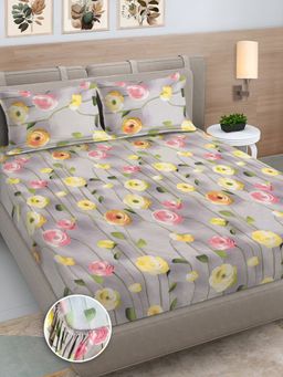 FABINALIV - Multicolor Floral 300TC Cotton Blend 7D Fitted Bedsheet With 2 Pillow Covers King
