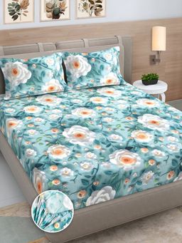 FABINALIV - Multicolor Floral 300TC Cotton Blend 7D Fitted Bedsheet With 2 Pillow Covers King