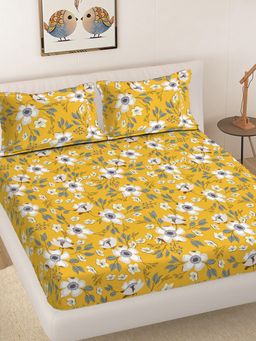 FABINALIV - Yellow Floral 300TC Cotton Blend Fitted Bedsheet With 2 Pillow Covers King