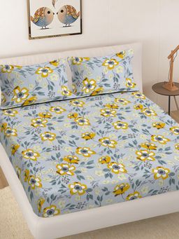 FABINALIV - Grey Floral 300TC Cotton Blend Fitted Bedsheet With 2 Pillow Covers King