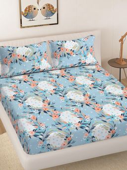 FABINALIV - Blue Floral 300TC Cotton Blend Fitted Bedsheet With 2 Pillow Covers King