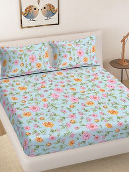 FABINALIV - Multicolor Floral 300TC Cotton Blend Fitted Bedsheet With 2 Pillow Covers King
