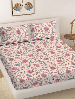 FABINALIV - Multicolor Floral 300TC Cotton Blend Fitted Bedsheet With 2 Pillow Covers King