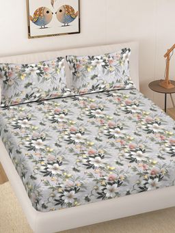 FABINALIV - Multicolor Floral 300TC Cotton Blend Fitted Bedsheet With 2 Pillow Covers King