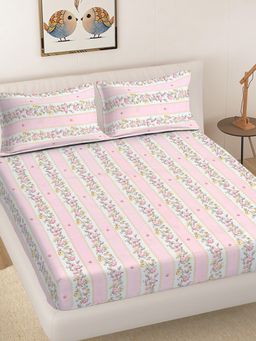 FABINALIV - Pink Floral 300TC Cotton Blend Fitted Bedsheet With 2 Pillow Covers King