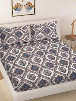 FABINALIV - Multicolor Ethnic 300TC Cotton Blend Fitted Bedsheet With 2 Pillow Covers King