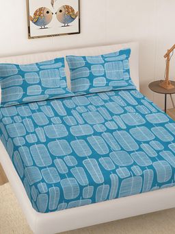 FABINALIV - Blue Geometric 300TC Cotton Blend Fitted Bedsheet With 2 Pillow Covers King