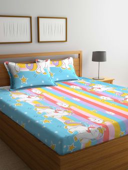 FABINALIV - Multicolor Cartoon Print 300TC Cotton Blend Fitted Bedsheet With 2 Pillow Covers King