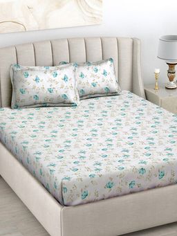 FABINALIV - White Floral 300TC Cotton Blend Fitted Bedsheet With 2 Pillow Covers King