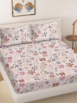 FABINALIV - Beige Floral 300TC Cotton Blend Fitted Bedsheet With 2 Pillow Covers King