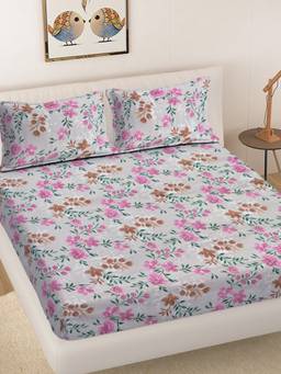 FABINALIV - Multicolor Floral 300TC Cotton Blend Fitted Bedsheet With 2 Pillow Covers King