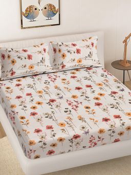 FABINALIV - Beige Floral 300TC Cotton Blend Fitted Bedsheet With 2 Pillow Covers King