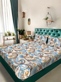FABINALIV - Multicolor Ethnic 300TC Cotton Blend Fitted Bedsheet With 2 Pillow Covers King