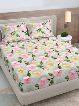 FABINALIV - Multicolor Floral 300TC Cotton Blend 7D Fitted Bedsheet With 2 Pillow Covers King