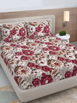 FABINALIV - Multicolor Floral 300TC Cotton Blend 7D Fitted Bedsheet With 2 Pillow Covers King