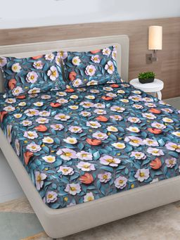 FABINALIV - Multicolor Floral 300TC Cotton Blend 7D Fitted Bedsheet With 2 Pillow Covers King