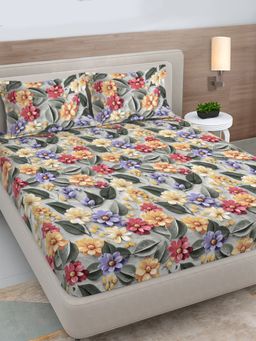 FABINALIV - Multicolor Floral 300TC Cotton Blend 7D Fitted Bedsheet With 2 Pillow Covers King