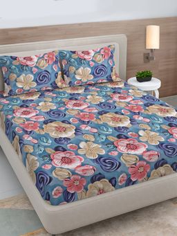 FABINALIV - Multicolor Floral 300TC Cotton Blend 7D Fitted Bedsheet With 2 Pillow Covers King