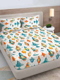 FABINALIV - Multicolor Cartoon Print 300TC Cotton Blend Fitted Bedsheet With 2 Pillow Covers King
