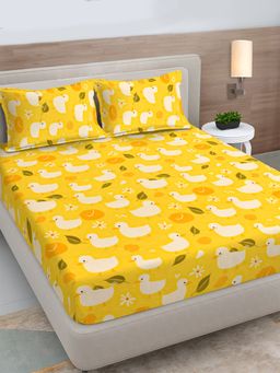 FABINALIV - Yellow Cartoon Print 300TC Cotton Blend Fitted Bedsheet With 2 Pillow Covers King