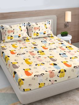 FABINALIV - Multicolor Cartoon Print 300TC Cotton Blend Fitted Bedsheet With 2 Pillow Covers King