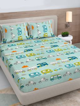 FABINALIV - Multicolor Cartoon Print 300TC Cotton Blend Fitted Bedsheet With 2 Pillow Covers King