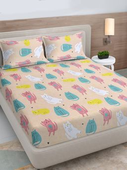 FABINALIV - Multicolor Cartoon Print 300TC Cotton Blend Fitted Bedsheet With 2 Pillow Covers King