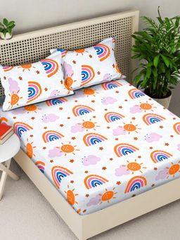FABINALIV - Multicolor Cartoon Print 300TC Cotton Blend Fitted Bedsheet With 2 Pillow Covers King