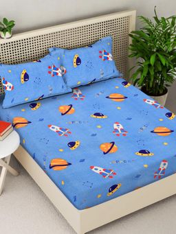 FABINALIV - Blue Cartoon Print 300TC Cotton Blend Fitted Bedsheet With 2 Pillow Covers King