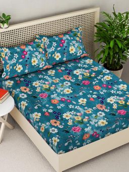 FABINALIV - Rama Blue Floral 300TC Cotton Blend Fitted Bedsheet With 2 Pillow Covers King
