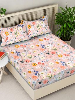 FABINALIV - Multicolor Floral 300TC Cotton Blend Fitted Bedsheet With 2 Pillow Covers King