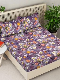 FABINALIV - Purple Floral 300TC Cotton Blend Fitted Bedsheet With 2 Pillow Covers King