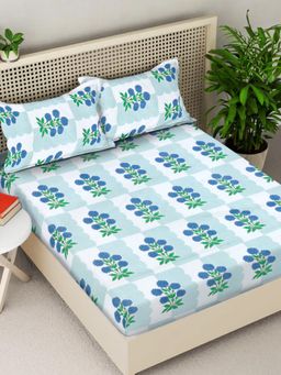 FABINALIV - Multicolor Floral 300TC Cotton Blend Fitted Bedsheet With 2 Pillow Covers King