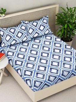 FABINALIV - Blue Geometric 300TC Cotton Blend Fitted Bedsheet With 2 Pillow Covers King