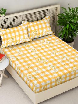 FABINALIV - Yellow Geometric 300TC Cotton Blend Fitted Bedsheet With 2 Pillow Covers King