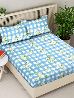 FABINALIV - Blue Geometric 300TC Cotton Blend Fitted Bedsheet With 2 Pillow Covers King