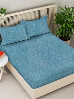 FABINALIV - Blue Ethnic 300TC Cotton Blend Fitted Embossed Bedsheet With 2 Pillow Covers King