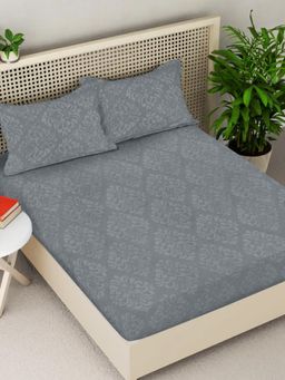 FABINALIV - Grey Ethnic 300TC Cotton Blend Fitted Embossed Bedsheet With 2 Pillow Covers King